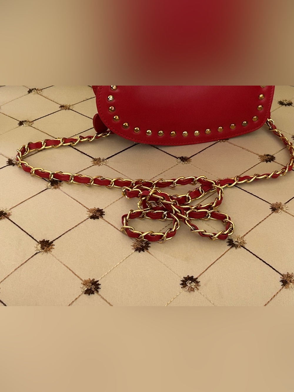 MCM Red Heart Studded Crossbody with Gold Chain Cromer Design - Picture 7 of 16